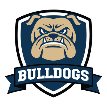 Tan bulldog head with angry expression on dark blue shield and ribbon with text Bulldogs animal mascot