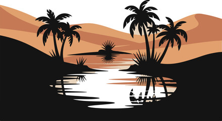 Oasis Silhouette Tranquil Desert Landscape Palm Trees Reflecting in Water Illustration