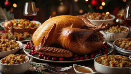 Roasted turkey centerpiece on a festive table with side dishes, wine, and holiday decor
