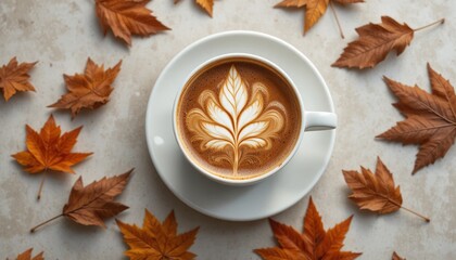 Overhead view of a coffee cup with elegant leaf latte art, surrounded by colorful autumn leaves on a light textured surface, evoking a cozy fall atmosphere