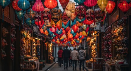 Naklejka premium People walking beneath a canopy of colorful lanterns at night