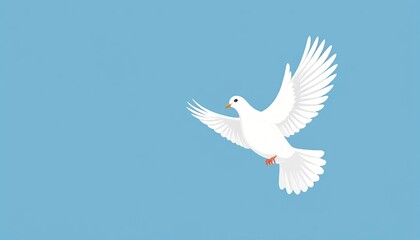 Obraz premium White dove flying with wings spread against a simple light blue background, a stylized illustration representing peace, freedom, and hope with ample copy space