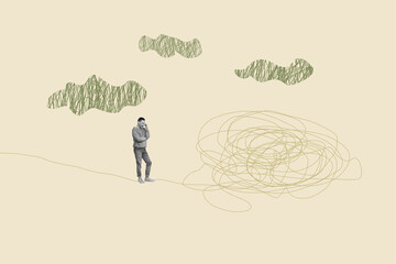 Whimsical collage with person on abstract doodle sketches entrepreneur imagination fun cartoon dance leisure rest emotion