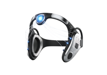 Futuristic sci-fi headset with glowing blue light and fiber optics isolated on transparent background