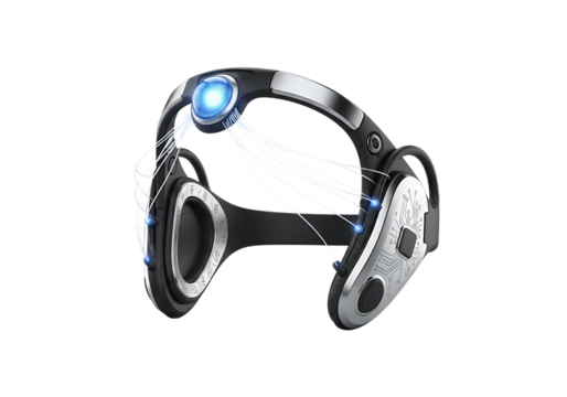Futuristic sci-fi headset with glowing blue light and fiber optics isolated on transparent background