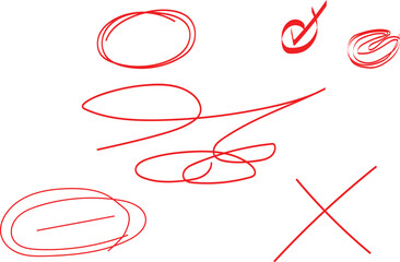 abstract red marker annotations on white background featuring circles, scribbles, check marks, and x symbols — conceptual review, correction, or brainstorming elements in chaotic layout
