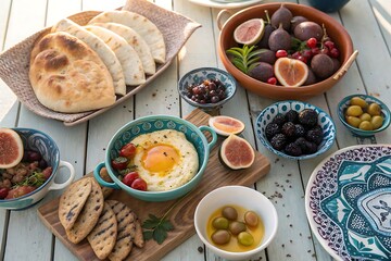 Delicious mediterranean breakfast with pita bread, hummus, figs and olives