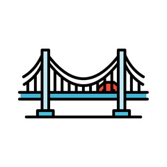 Stylized suspension bridge line icon with color fill, representing urban architecture, transportation, and connectivity