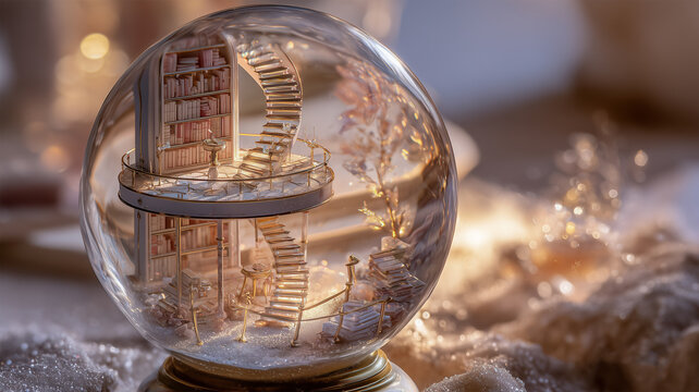 天空の図書館が朝焼けの色を受けて静かに輝く球体の景の様子