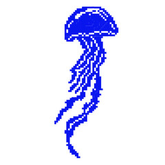 8 bit jellyfish icon. Underwater world. Pixel art object. Old school vintage game graphic. Vector stock illustration. isolated on a white background.
