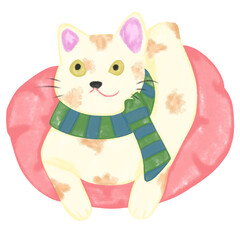 cat wearing a scarf is on the cushion