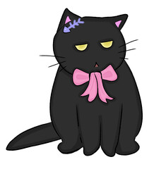 big black cat with pink bow tie on transparent background