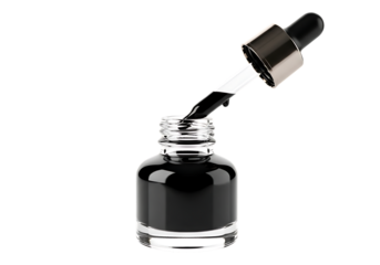 Glass dropper bottle filled with dark ink against a neutral backdrop isolated on transparent background