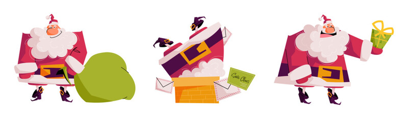 Santa Claus character set with gift bag, chimney, and present. Playful festive vector illustration for Christmas design, holiday cards, and New Year decoration. Isolated on white background