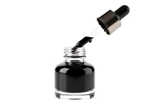 Glass dropper bottle filled with dark ink against a neutral backdrop isolated on transparent background