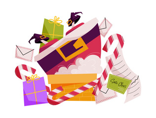 Santa Claus stuck in chimney with gifts, candy canes, letters, and wishlist.  Perfect for Christmas design, greeting cards, and holiday decoration. Isolated festive vector illustration