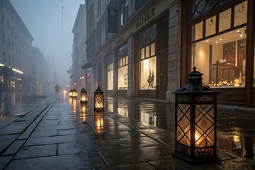 Lanterns glow on a wet street in vienna, austria on a foggy morning