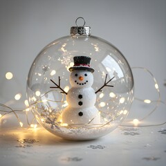 Charming snowman inside glass ornament with warm lights