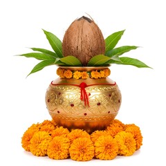 Golden Kalash with coconut and mango leaves, festive