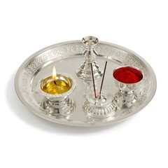 Elegant puja thali with Diya, incense, and Kumkum