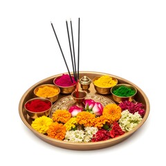 Vibrant puja thali with incense, flowers, and colors
