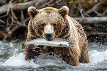 Obraz premium Grizzly brown bear with salmon in mouth,
