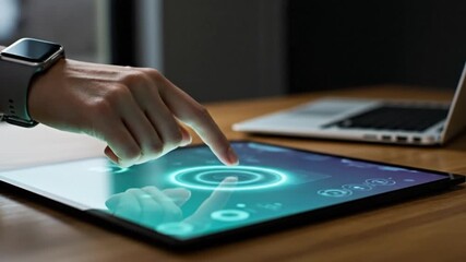 A person's hand wearing a smartwatch interacts with a futuristic tablet displaying a digital interface. - Powered by Adobe