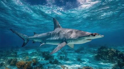 Fototapeta premium Hammerhead shark in the underwater world. Observing ocean wildlife.