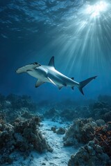 Fototapeta premium Hammerhead shark in the underwater world. Observing ocean wildlife.