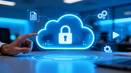 Hand interacting with a holographic cloud security interface displaying a lock symbol and connected digital icons in a modern office setting