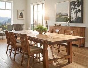 Rustic Wood Dining Room with Large Windows and Natural Light Featuring a Long Wooden Table and Matching Chairs Surrounded by Cabinets and Decorations