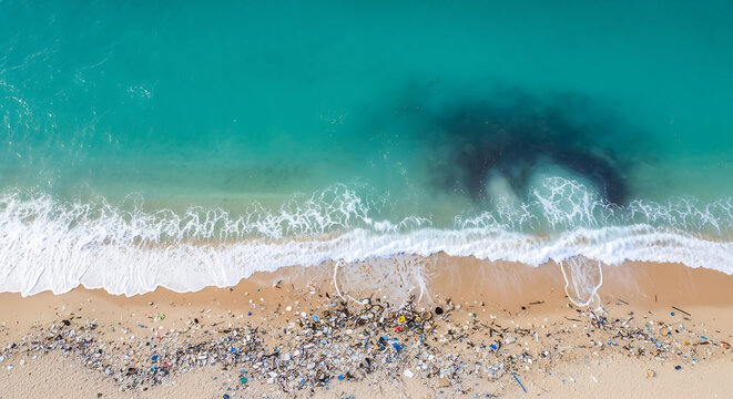 Aerial view of a beautiful beach and turquoise ocean heavily polluted with plastic trash