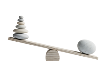 Zen balancing stones and single stone on seesaw representing harmony and equilibrium isolated on transparent background