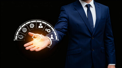 Businessman presenting a digital interface with icons representing global connectivity, teamwork, and technology