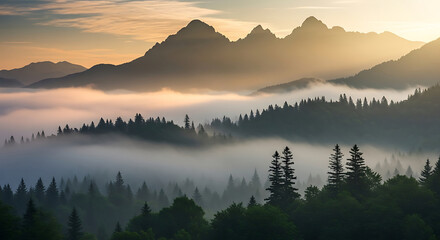 Fototapeta premium Misty Mountain Majesty - A Serene Landscape at Dawn.