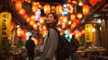 Naklejka premium 女性が夏の夜の商店街を観光散策する場面、提灯の灯りに照らされての場面