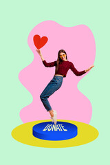 Collage of young woman man toward donation jar with hearts symbolizing charity blood donor day volunteer support