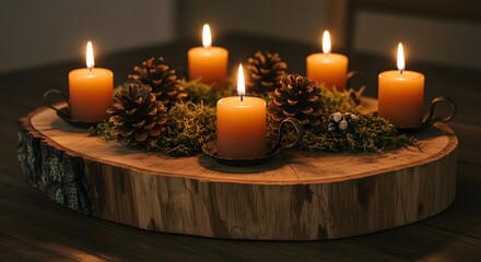 Lit candles and pine cones on wooden slab centerpiece display
