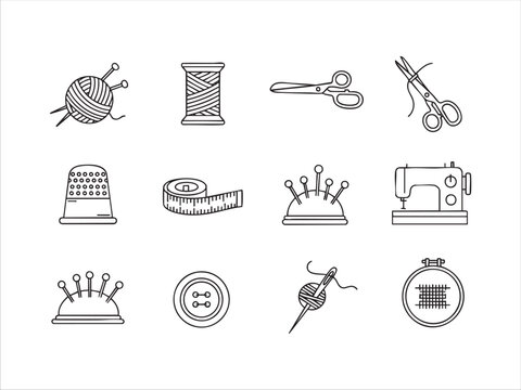 Sewing and needlework line icons set, outline vector symbol collection, linear style pictogram pack. Signs, logo illustration. Set includes icons as balls of yarn knitting needles, thread , scissors