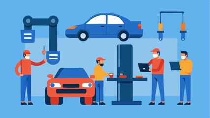 A hightech automotive workshop with mechanics using advanced tools and diagnostic equipment on cars.