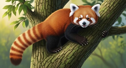 Red Panda Resting on a Tree Branch Illustration.