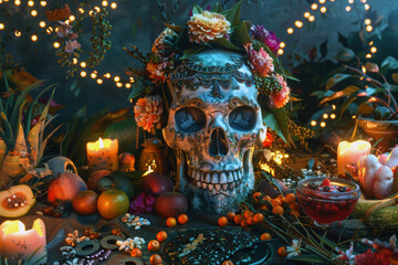 Decorative sugar skull with floral crown surrounded by candles, fruits, and festive lights.Rich warm tones and detailed textures create mystical D&iacute;a de los Muertos altar scene full of color and spirit