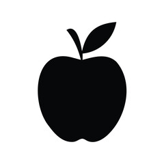 Black silhouette of a simple apple with leaf on white background