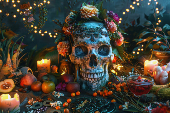 Decorative sugar skull with floral crown surrounded by candles, fruits, and festive lights.Rich warm tones and detailed textures create mystical Día de los Muertos altar scene full of color and spirit
