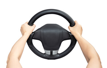 Female hands holding a car steering wheel, driver side view, transparent PNG background, realistic...