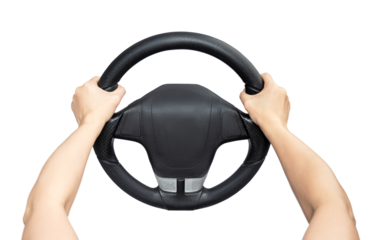 Female hands holding a car steering wheel, driver side view, transparent PNG background, realistic auto interior, safe driving concept, isolated object for design
