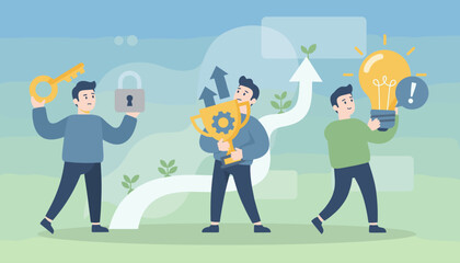 Conceptual illustration of business process problem-solving with characters holding key, trophy, and lightbulb icons, symbolizing access, achievement, and innovation, set against a backdrop of growth