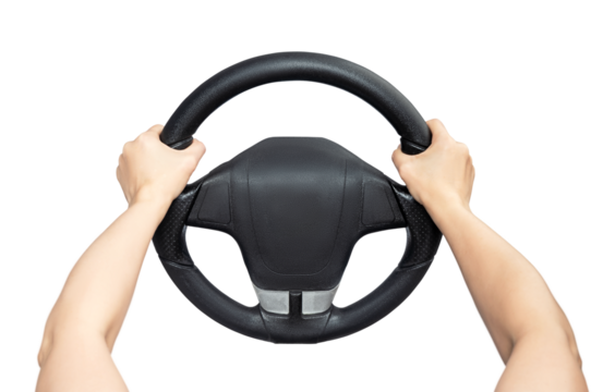 Female hands holding a car steering wheel, driver side view, transparent PNG background, realistic auto interior, safe driving concept, isolated object for design
