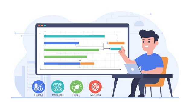 Modern flat illustration of a smiling project manager analyzing a Gantt chart schedule on a laptop, with icons representing finance, operations, sales, and marketing, symbolizing business planning