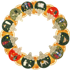 Obraz premium Christmas wreath made of festive ornaments and dried orange slices with nativity scenes inside. Hand-painted watercolor clip art isolated on white, perfect for holiday cards, decor, seasonal designs.